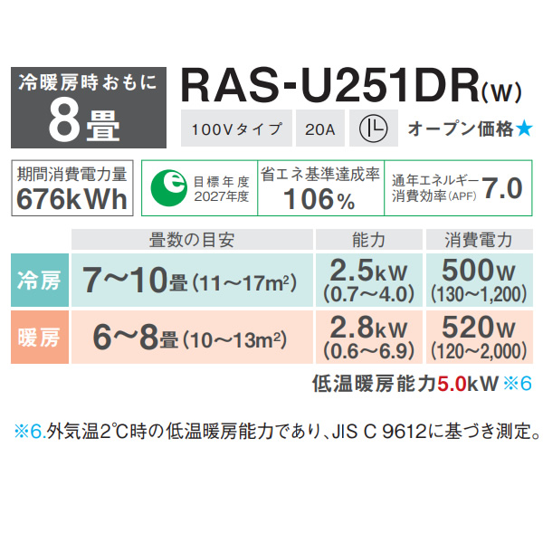 東芝 TOSHIBA エアコン 大清快 U-DRシリーズ おもに8畳用 ホワイト RAS-U251DR-W 単相100V 2.5kW ルームエアコン