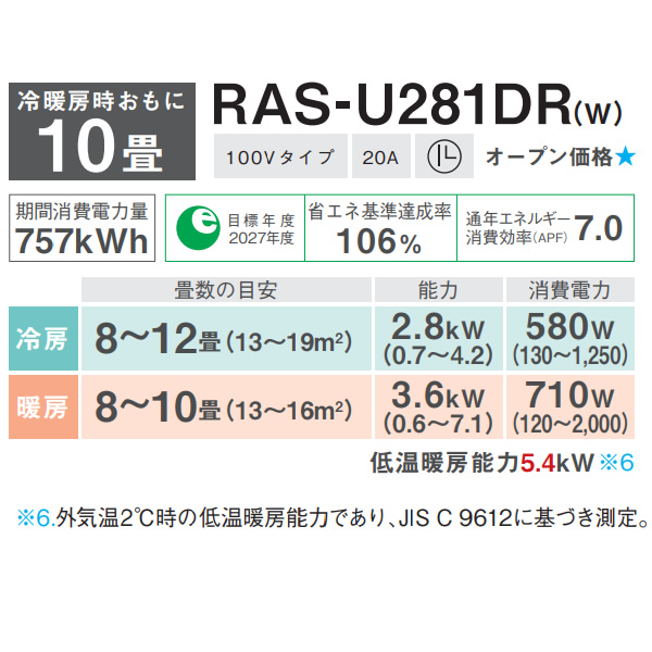 東芝 TOSHIBA エアコン 大清快 U-DRシリーズ おもに10畳用 ホワイト RAS-U281DR-W 単相100V 2.8kW ルームエアコン