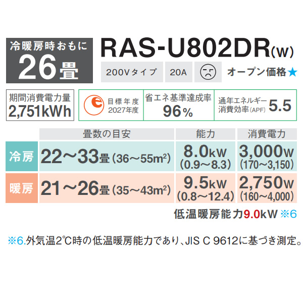 東芝 TOSHIBA エアコン 大清快 U-DRシリーズ おもに26畳用 ホワイト RAS-U802DR-W 単相200V 9.0kW ルームエアコン