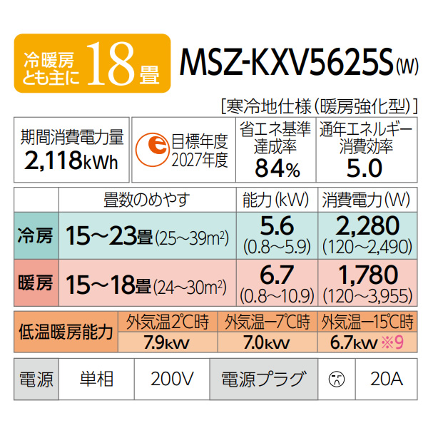 在庫僅少　エアコン 【標準工事費込】 寒冷地向け 三菱電機 ルームエアコン ズバ暖霧ヶ峰 KXVシリーズ 18畳用 単相200V 5.6kW ピュアホワイト MSZ-KXV5625S-W