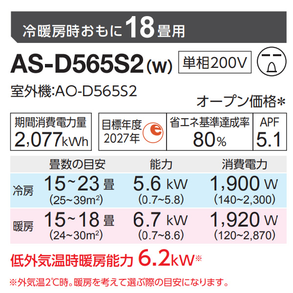 エアコン 【標準工事費込】 富士通ゼネラル AS-D565S2W ノクリア nocria Dシリーズ 18畳用 ホワイト 5.6kW 単相200V 2025年モデル
