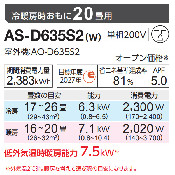 エアコン 【標準工事費込】 富士通ゼネラル AS-D635S2W ノクリア nocria Dシリーズ 20畳用 ホワイト 6.3kW 単相200V 2025年モデル