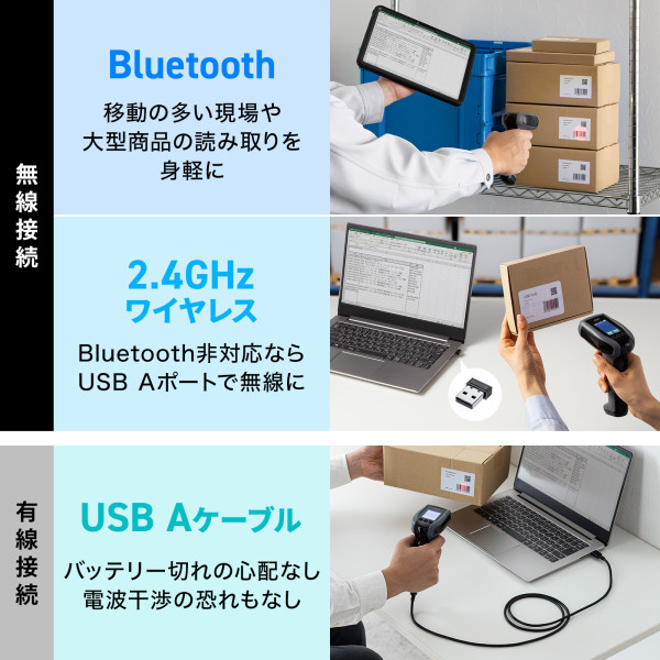 サンワサプライ バーコードリーダー 無線 Bluetooth 2.4GHz 有線 USB 1次元 2次元 QRコード 液晶画面付き 図書館 物流管理 BCR-BT2D13BK