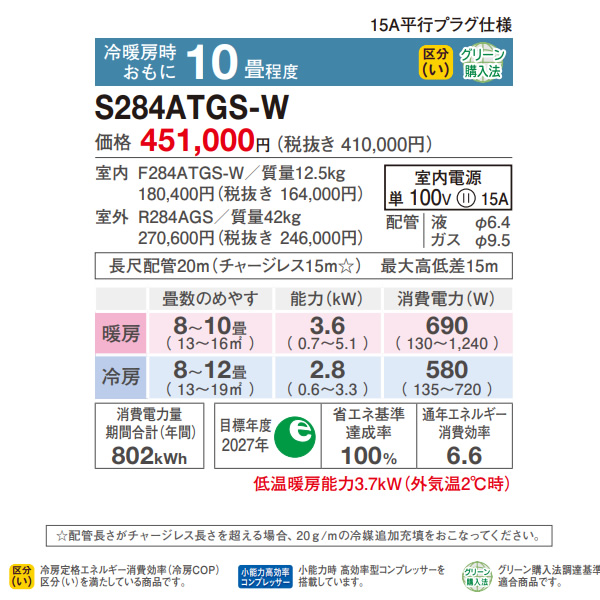 エアコン 10畳 2.8kw ダイキン ルームエアコン GXシリーズ 単相100V 2024年モデル ホワイト S284ATGS-W