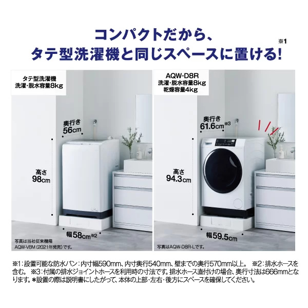在庫あり　【リファービッシュ品/超美品】【標準設置費込】ドラム式洗濯乾燥機 AQUA アクア 8.0kg 左開き ホワイト AQW-D8R-L-W