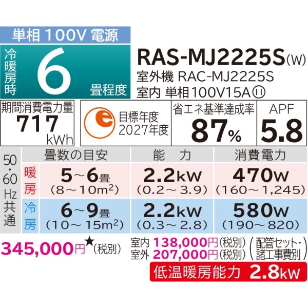エアコン 日立 白くまくん ステンレス・クリーン MJシリーズ 6畳用 100V フィルター自動お掃除機能 RAS-MJ2225S-W 2.2kW