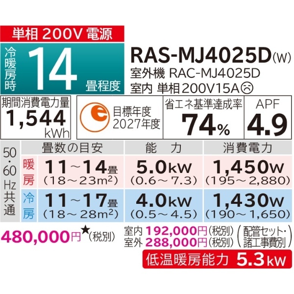 エアコン 日立 白くまくん ステンレス・クリーン MJシリーズ 14畳用 200V フィルター自動お掃除機能 RAS-MJ4025D-W 4.0kW