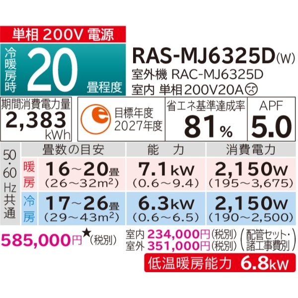 エアコン 日立 白くまくん ステンレス・クリーン MJシリーズ 20畳用 200V フィルター自動お掃除機能 RAS-MJ6325D-W 6.3kW