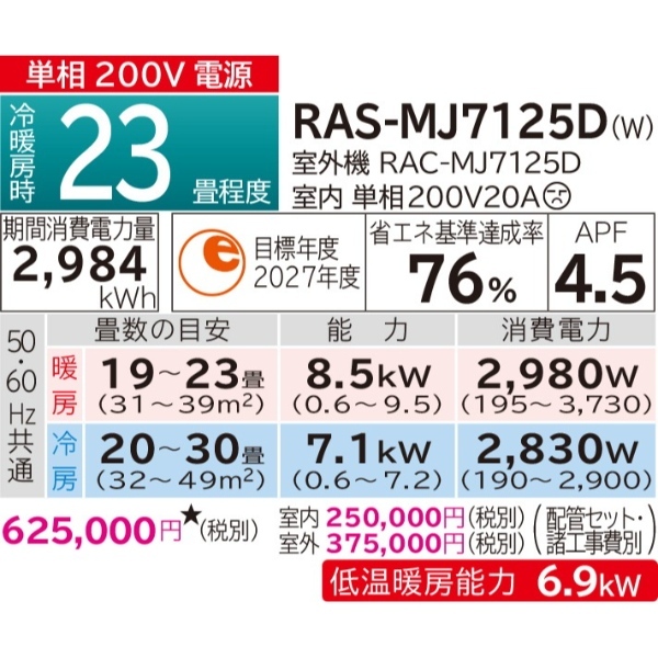 エアコン 日立 白くまくん ステンレス・クリーン MJシリーズ 23畳用 200V フィルター自動お掃除機能 RAS-MJ7125D-W 7.1kW