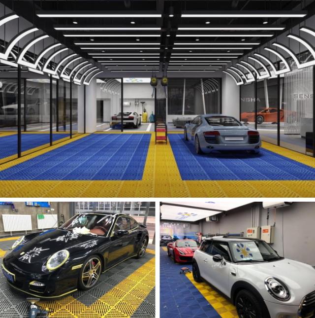 ベランダ タイル デッキパネル ジョイントマット 排水フロアーパネル 洗車場 洗車店 整備工場 板金工場 コーティングショップ バイクショップ 工場 ショールーム 店舗の床