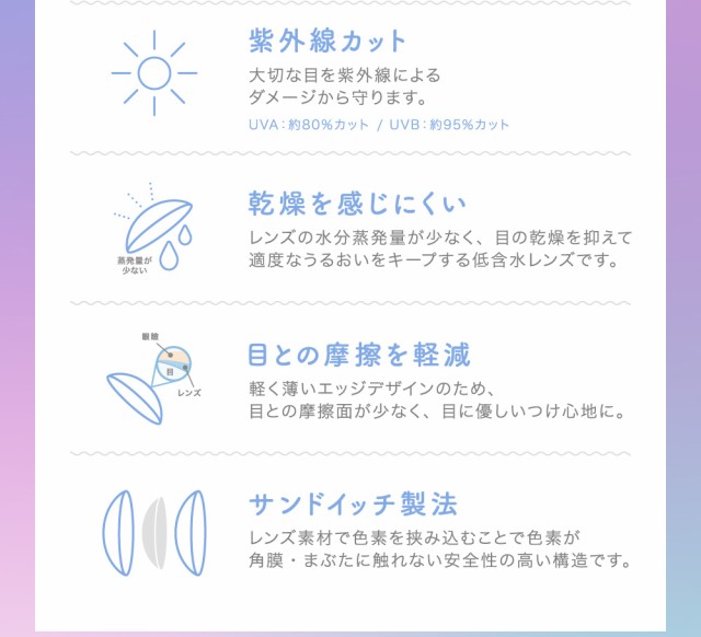 紫外線カット 乾燥を感じにくい 目との摩擦を軽減 サンドイッチ製法