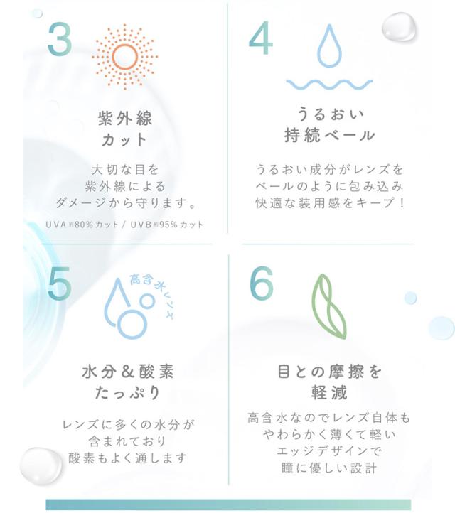 3 紫外線カット 大切な目を紫外線によるダメージから守ります。 4 うるおい成分がレンズをベールのように包み込み快適な装用感をキープ!うるおい 持続ベール 5 水分&酸素たっぷり レンズに多くの水分が含まれており酸素もよく通します 6 目との摩擦を軽減 高含水なのでレンズ自体もやわらかく薄くて軽いエッジデザインで瞳に優しい設計