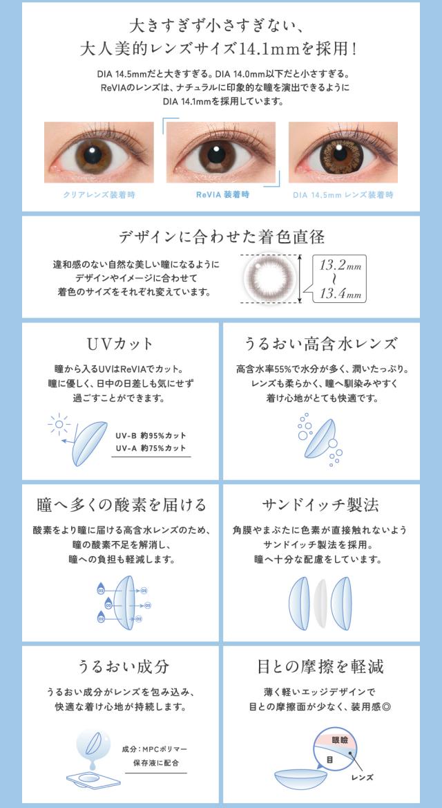 大きすぎず小さすぎない、大人美的レンズサイズ14.1mmを採用！デザインに合わせた着色直径 UVカット うるおい高含水レンズ 瞳へ多くの酸素を届ける サンドイッチ製法 うるおい成分 目との摩擦を軽減