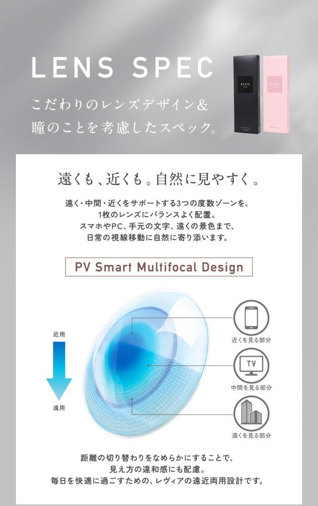 レンズスペック こだわりのレンズデザイン＆瞳のことを考慮したスペック。 遠くも、近くも。自然に見やすく。 PV Smart Multifocal Design