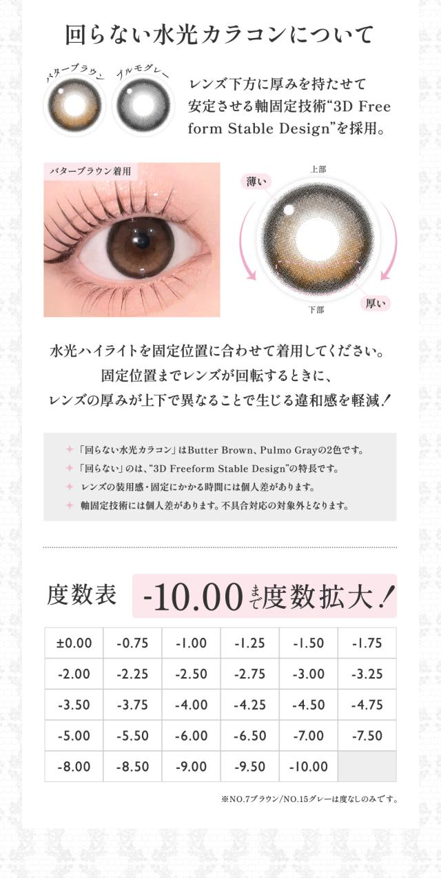 回らない水光カラコンについて 度数表 ±0.00（度なし）/-0.75/-1.00/-1.25/-1.50/-1.75/-2.00/-2.25/-2.50/-2.75/-3.00/-3.25/-3.50/-3.75/-4.00/-4.25/-4.50/-4.75/-5.00/-5.50/-6.00/-6.50/-7.00/-7.50/-8.00/-8.50/-9.00/-9.50/-10.00
