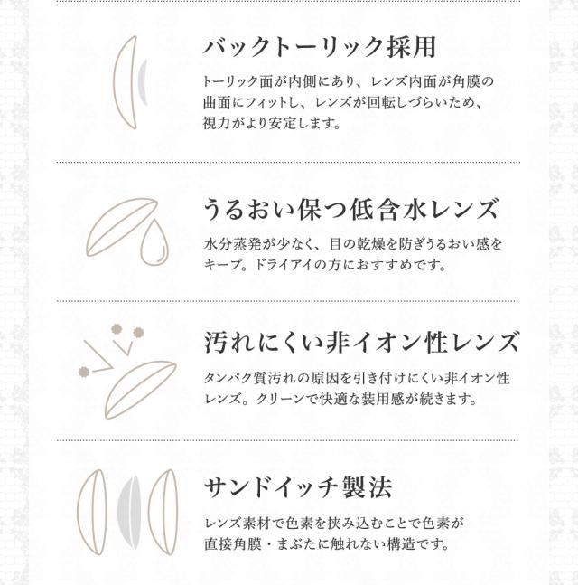 バックトーリック採用 うるおい保つ低含水レンズ 汚れにくい非イオン性レンズ サンドイッチ製法
