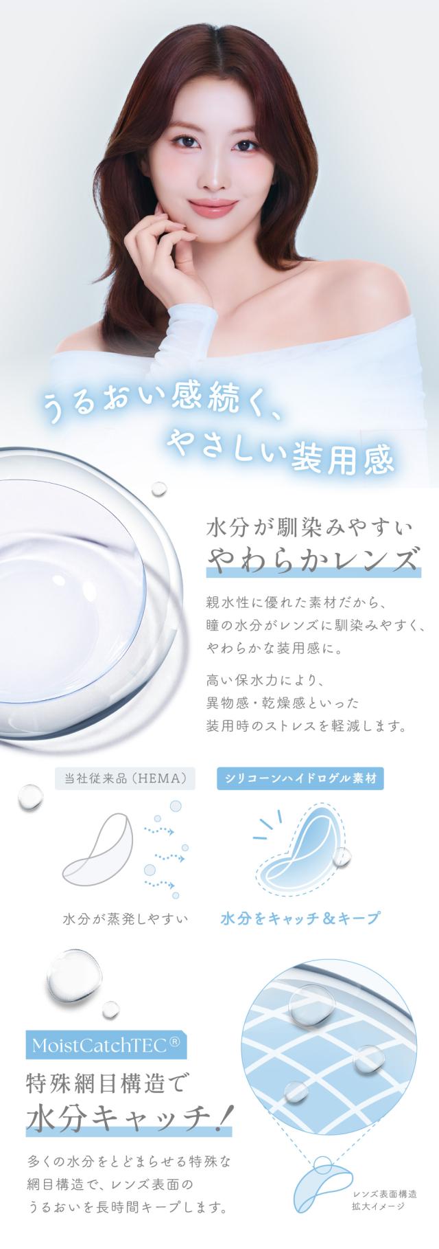 うるおい感続く、やさしい装用感 水分が馴染みやすいやわらかレンズ 特殊網目構造で水分キャッチ！