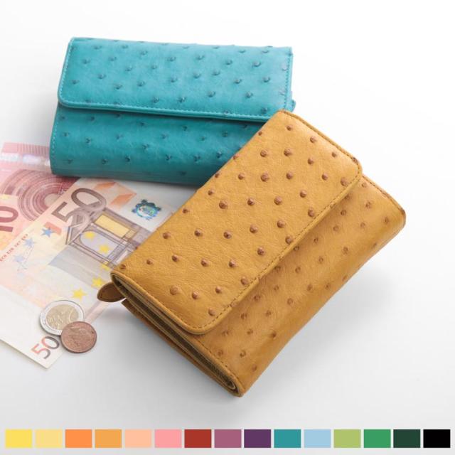 オーストリッチ 折財布 小銭入れ付き Wボタン式