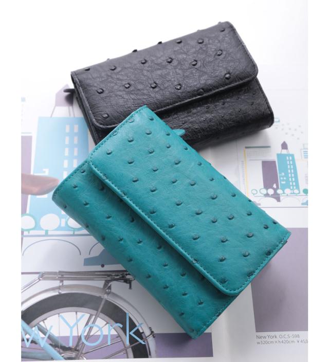 オーストリッチ 折財布 小銭入れ付き Wボタン式