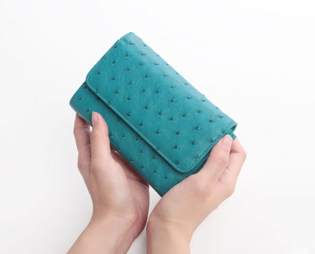 オーストリッチ 折財布 小銭入れ付き Wボタン式