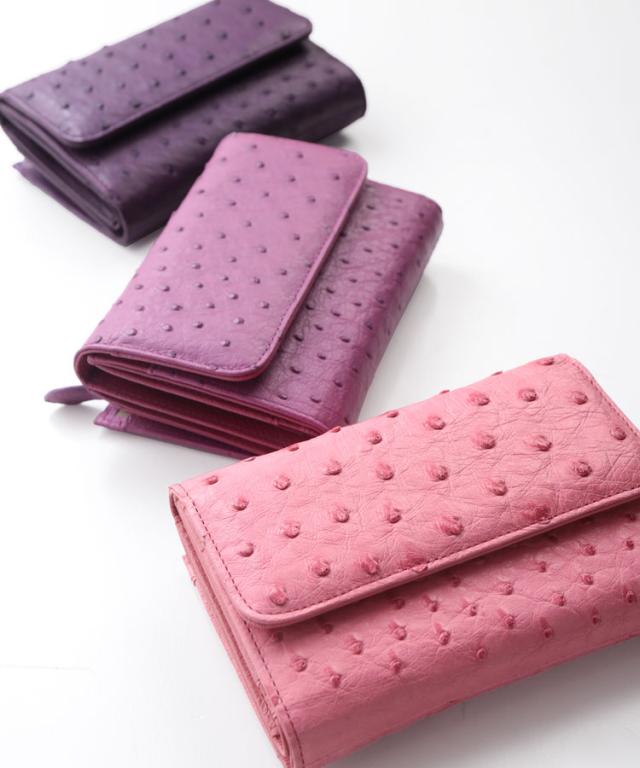 オーストリッチ 折財布 小銭入れ付き Wボタン式