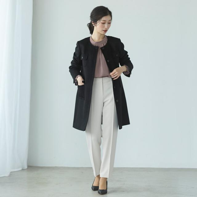 カシミヤ100％ ノーカラー ボタン ポケット ノーカラーコート ブラック フォーマル