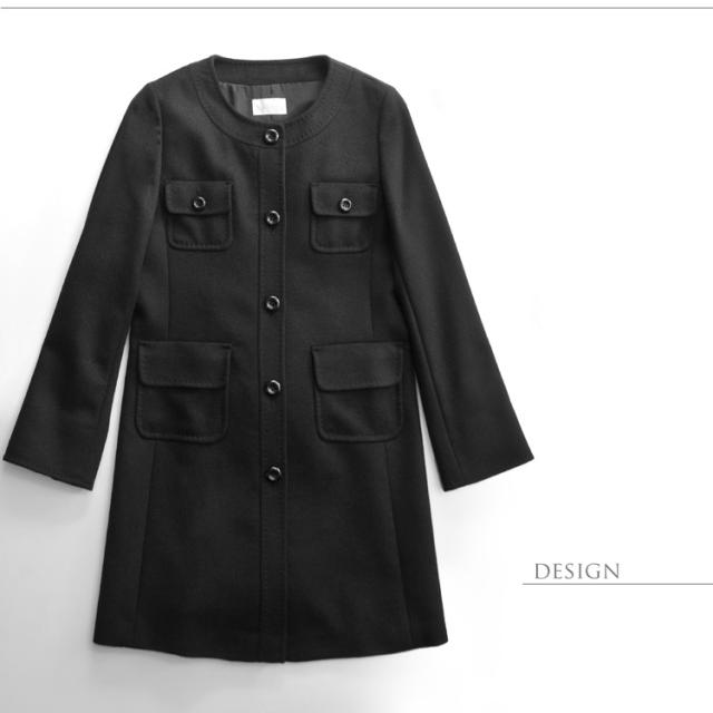 カシミヤ100％ ノーカラー ボタン ポケット ノーカラーコート ブラック フォーマル