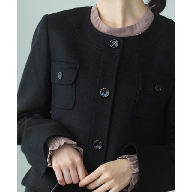 カシミヤ100％ ノーカラー ボタン ポケット ノーカラーコート ブラック フォーマル