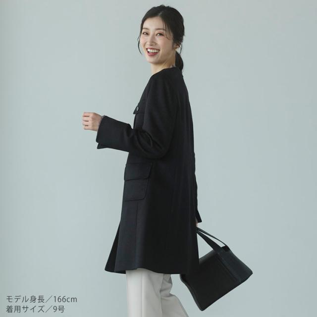 カシミヤ100％ ノーカラー ボタン ポケット ノーカラーコート ブラック フォーマル