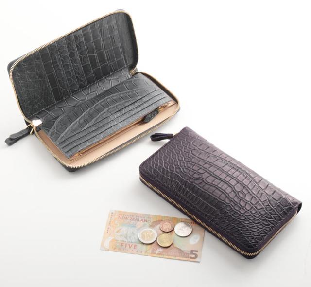 クロコダイル マット ヘンローン ラウンドファスナー 多機能 長財布 真鍮ファスナー ゴールド金具 メンズ (No.06000779-mens-1)