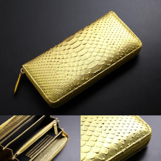 ダイヤモンド パイソン 一枚革 ラウンドファスナー 長財布 メンズ ゴールド