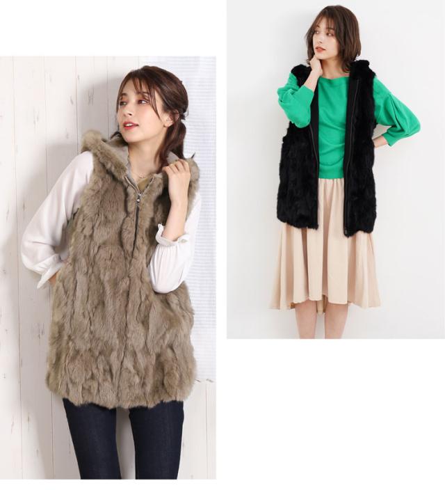 フード付き ラビットファーベスト ブラック グレージュ