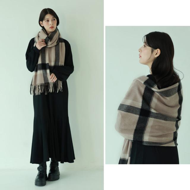 ブラック　チェック　カシミヤ大判ストール