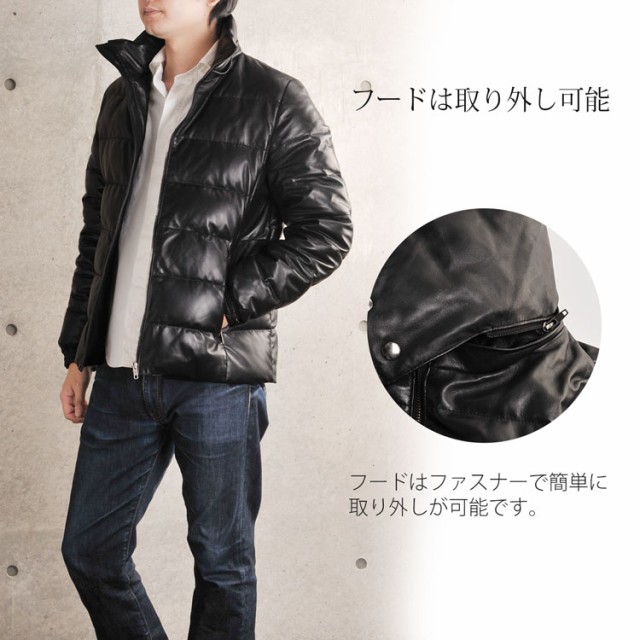 レザー ダウン ジャケット メンズ フード付き ラム 冬 キャメル