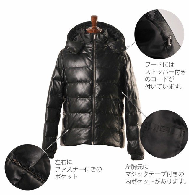 レザー ダウン ジャケット メンズ フード付き ラム 冬 キャメル