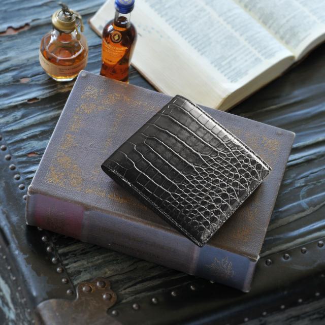 スモールクロコダイル ポロサス 折り財布 メンズ シャイニング 一枚革