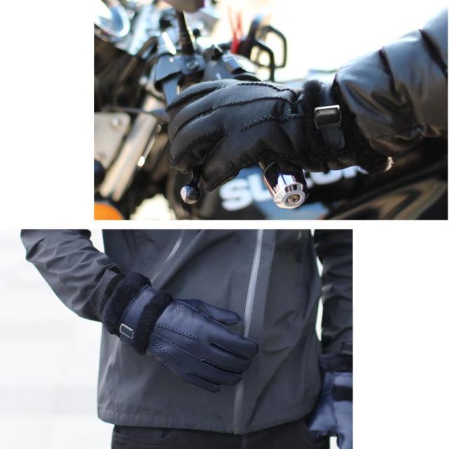 ムートン ダブルフェイス レザーグローブ メンズ ベルト付き ブラウン/ネイビー/ブラック