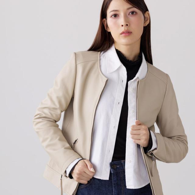 レザージャケット レディース ノーカラー ラム ナッパ 本革