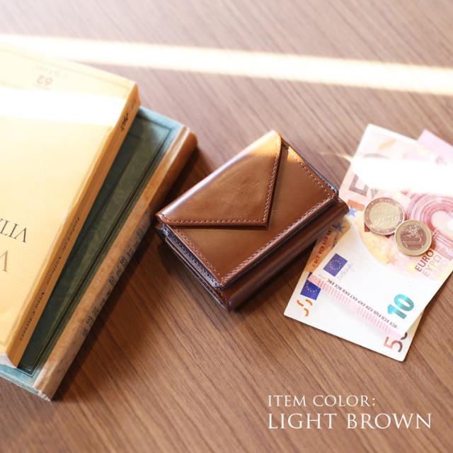 本革 ミニ財布 小さい メンズ コードバン 3つ折り ライトブラウン