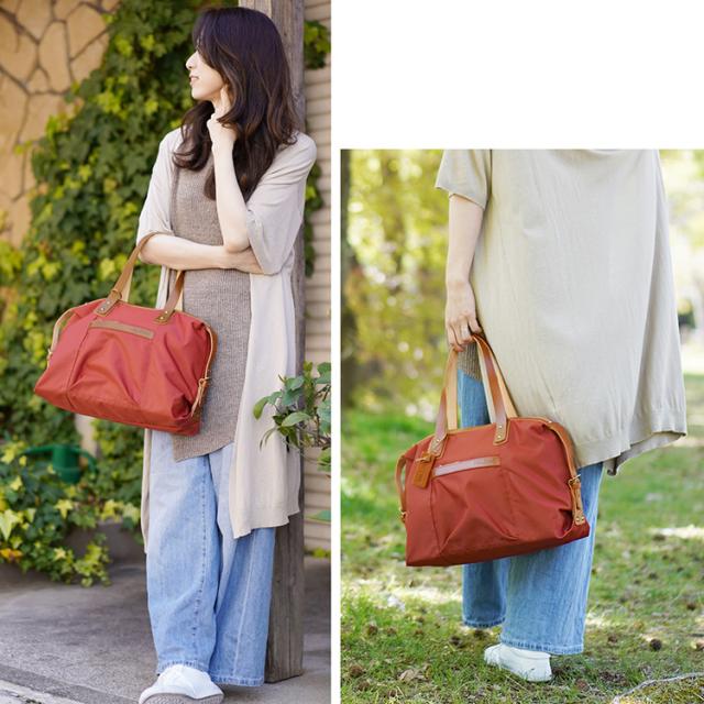 HALEINE ナイロン 栃木レザー ミニ ボストンバッグ レッド ガーベラ