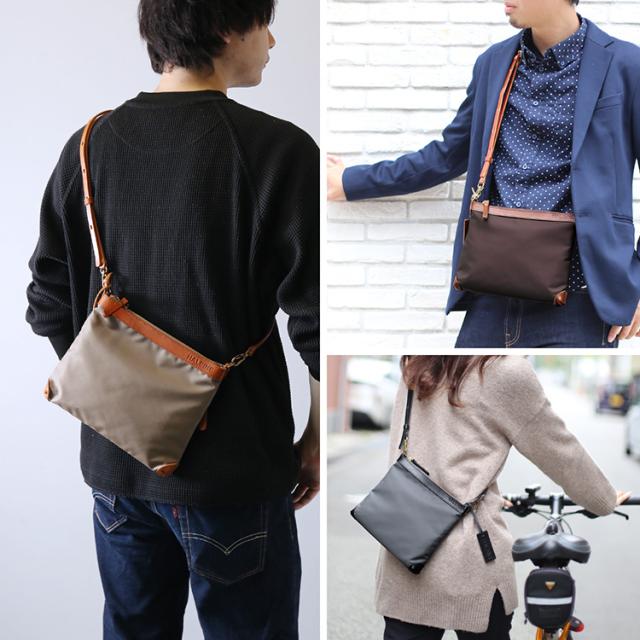 HALEINE 日本製 ナイロン 栃木レザー サコッシュ 横型 メンズ ショルダー バッグ