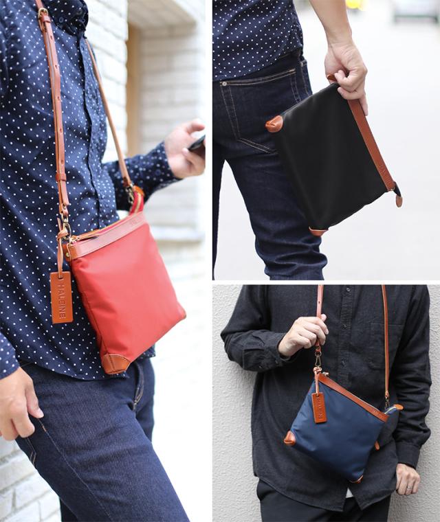 HALEINE 日本製 ナイロン 栃木レザー サコッシュ 横型 メンズ ショルダー バッグ