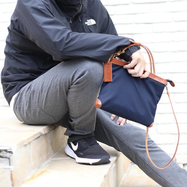 HALEINE 日本製 ナイロン 栃木レザー サコッシュ 横型 メンズ ショルダー バッグ