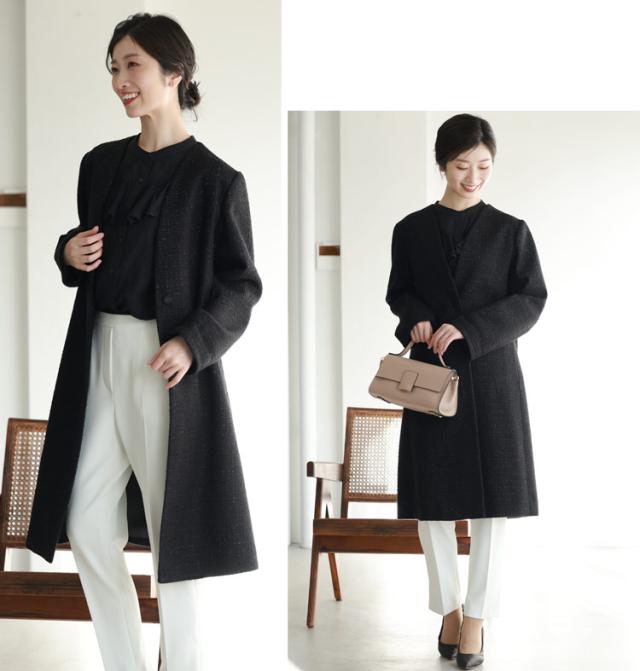 ラメツイード生地ノーカラーコート