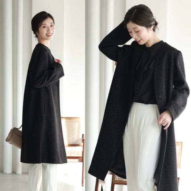 ラメツイード生地ノーカラーコート