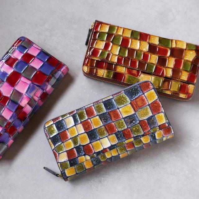 ステンドグラス風 イタリー 牛革 ラウンドファスナー 長財布 RODANIA レディース