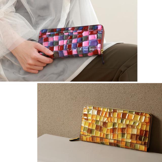 ステンドグラス風 イタリー 牛革 ラウンドファスナー 長財布 RODANIA レディース