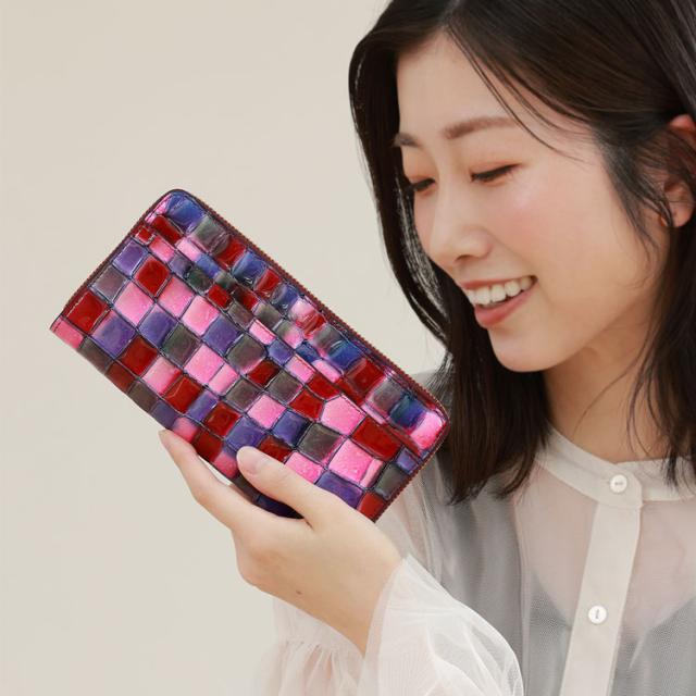 ステンドグラス風 イタリー 牛革 ラウンドファスナー 長財布 RODANIA レディース