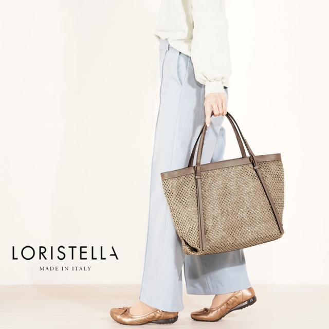 イタリア製 LORISTELLA 牛革 ストロー トートバッグ グレイッシュ ピンク
