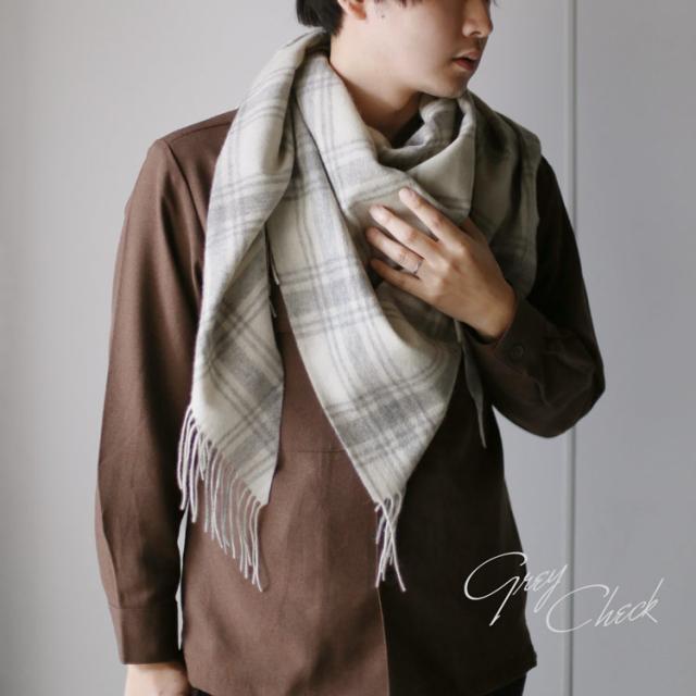カシミヤ 100% 三角ストール グレーチェック